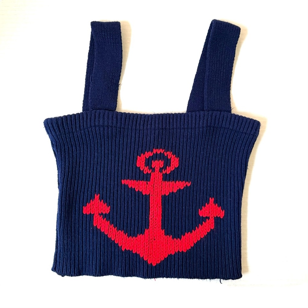 Navy Blue Red Anchor Knit Cropped Tank Top Vintage Y2K Marine Nautical Pinup